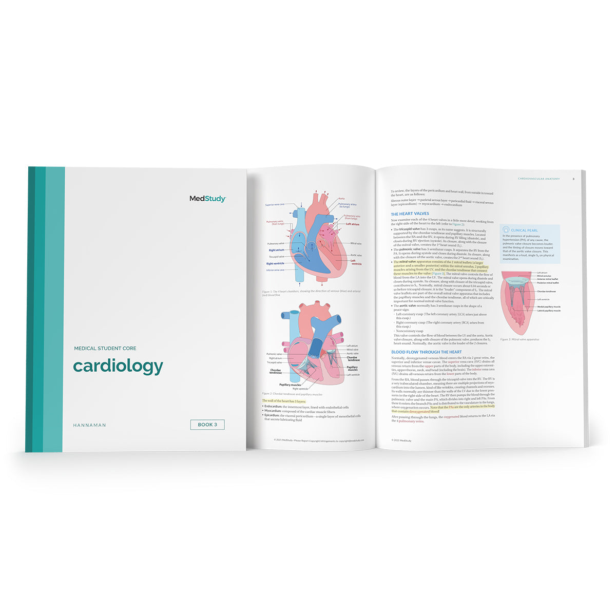 Cardiology book cover on top of open spread from inside of the book.