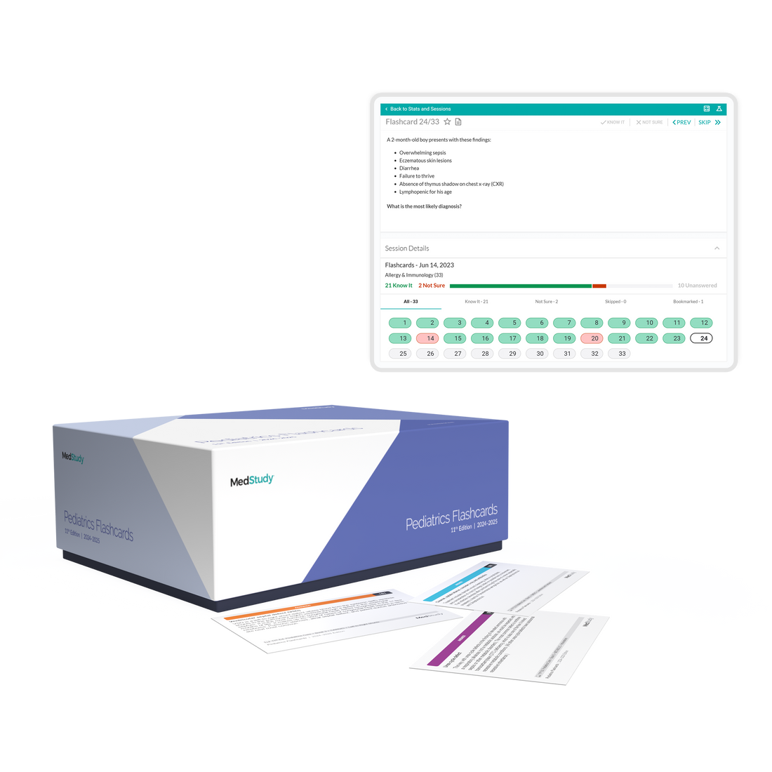 11th Peds Flashcard print box with some flashcards pulled out into the foreground along with digital flashcards on a tablet. 