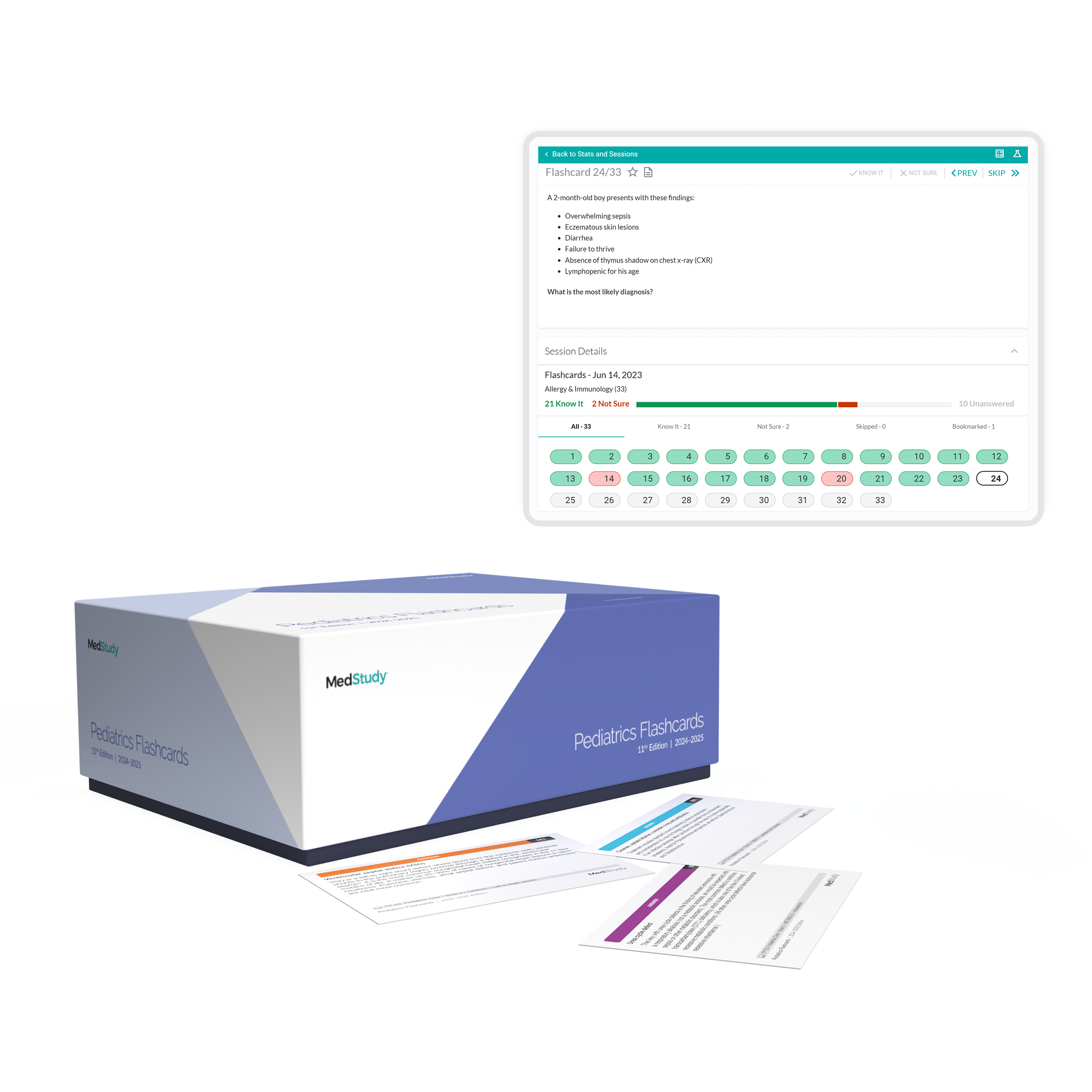 11th Peds Flashcard print box with some flashcards pulled out into the foreground along with digital flashcards on a tablet. 