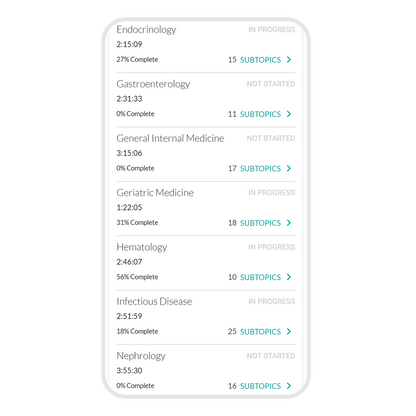 Internal Medicine Core Audio Pearls menu with topics and times shown on a mobile device