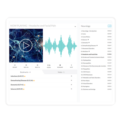 Internal Medicine Core Audio Pearls shown on a tablet in the landscape position. The audio playback buttons, menu, notes and bookmarks are all displayed.