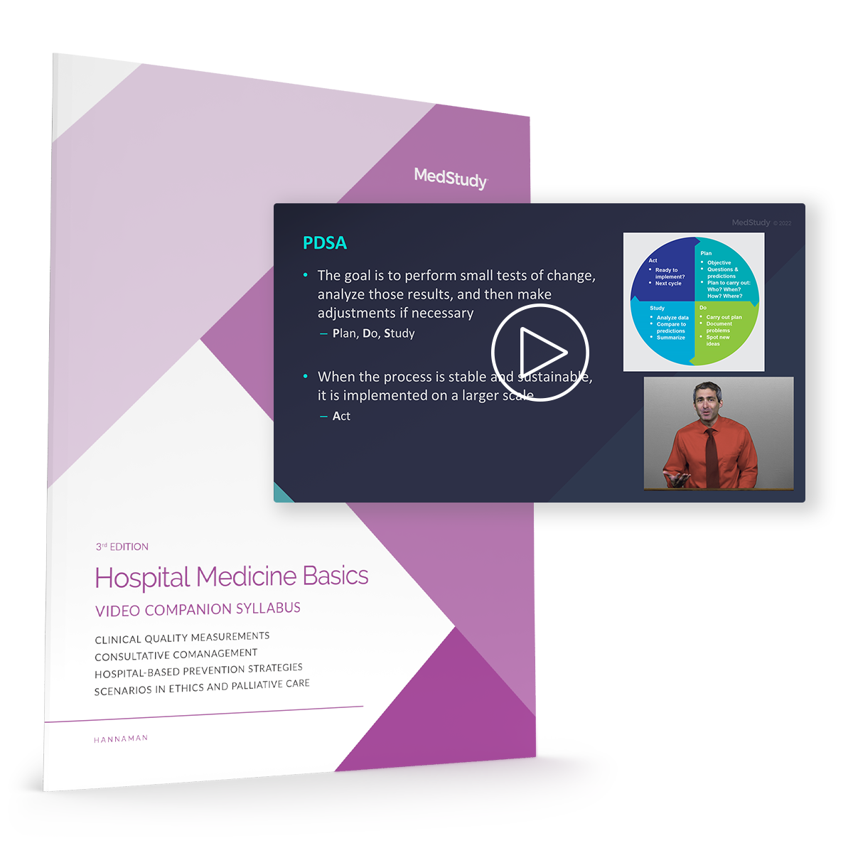 The print syllabus behind a video still of Hospital Medicine Basics