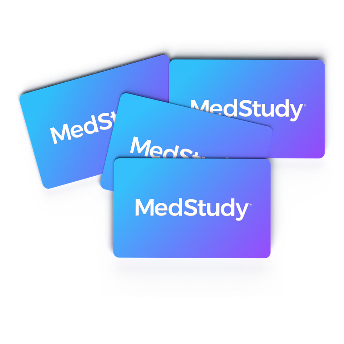 Four MedStudy gift cards stacked on top of each other. Gift cards are a blue variant with a white centered MedStudy logo