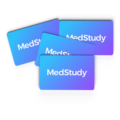 Four MedStudy gift cards stacked on top of each other. Gift cards are a blue variant with a white centered MedStudy logo