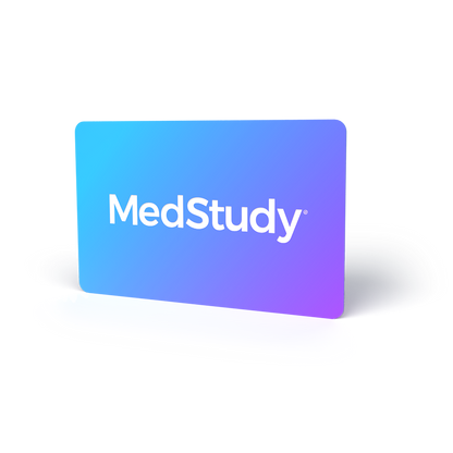A MedStudy digital gift card. Card is a blue to purple blend with a white MedStudy logo in the center.