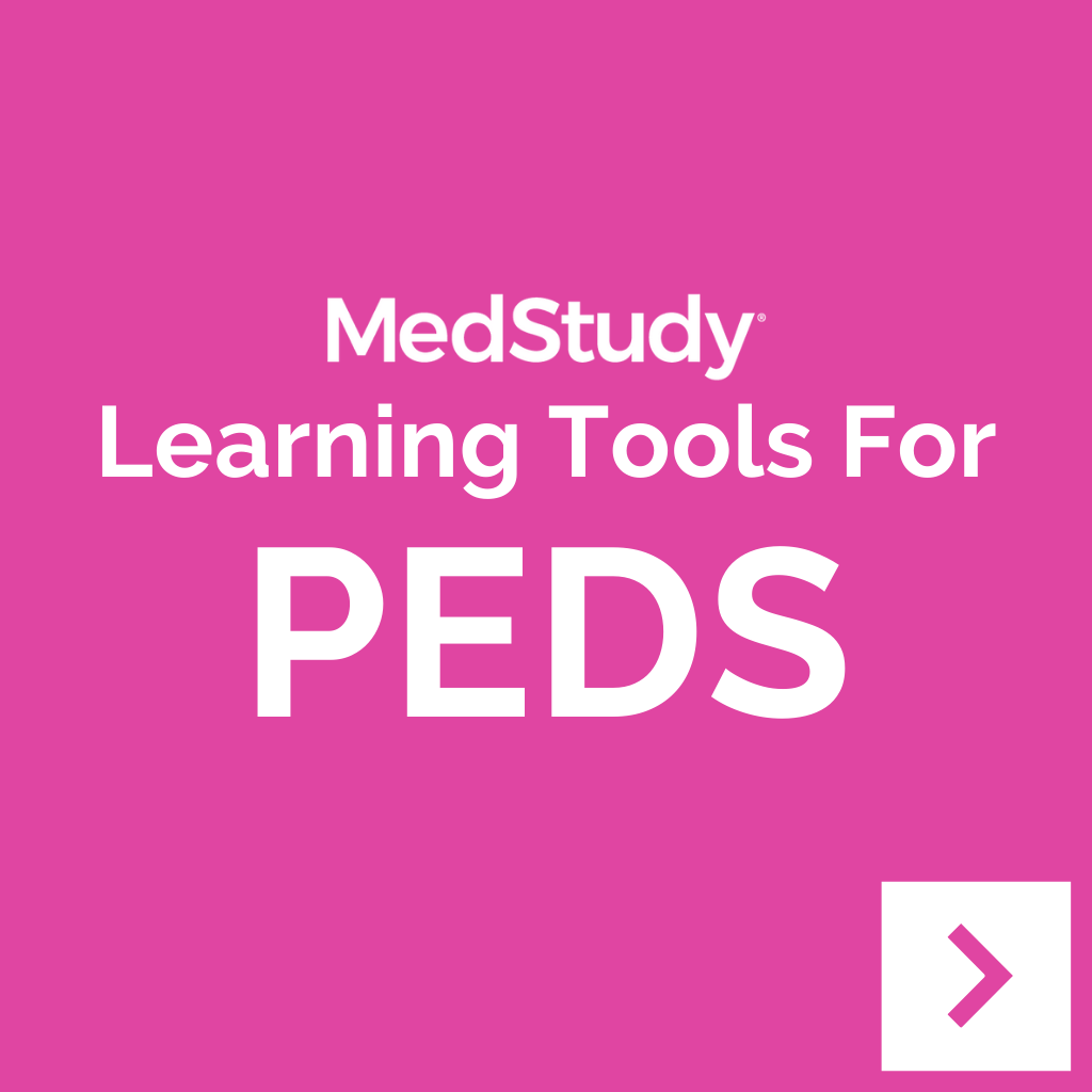 MedStudy pediatrics learning tools on a pink background