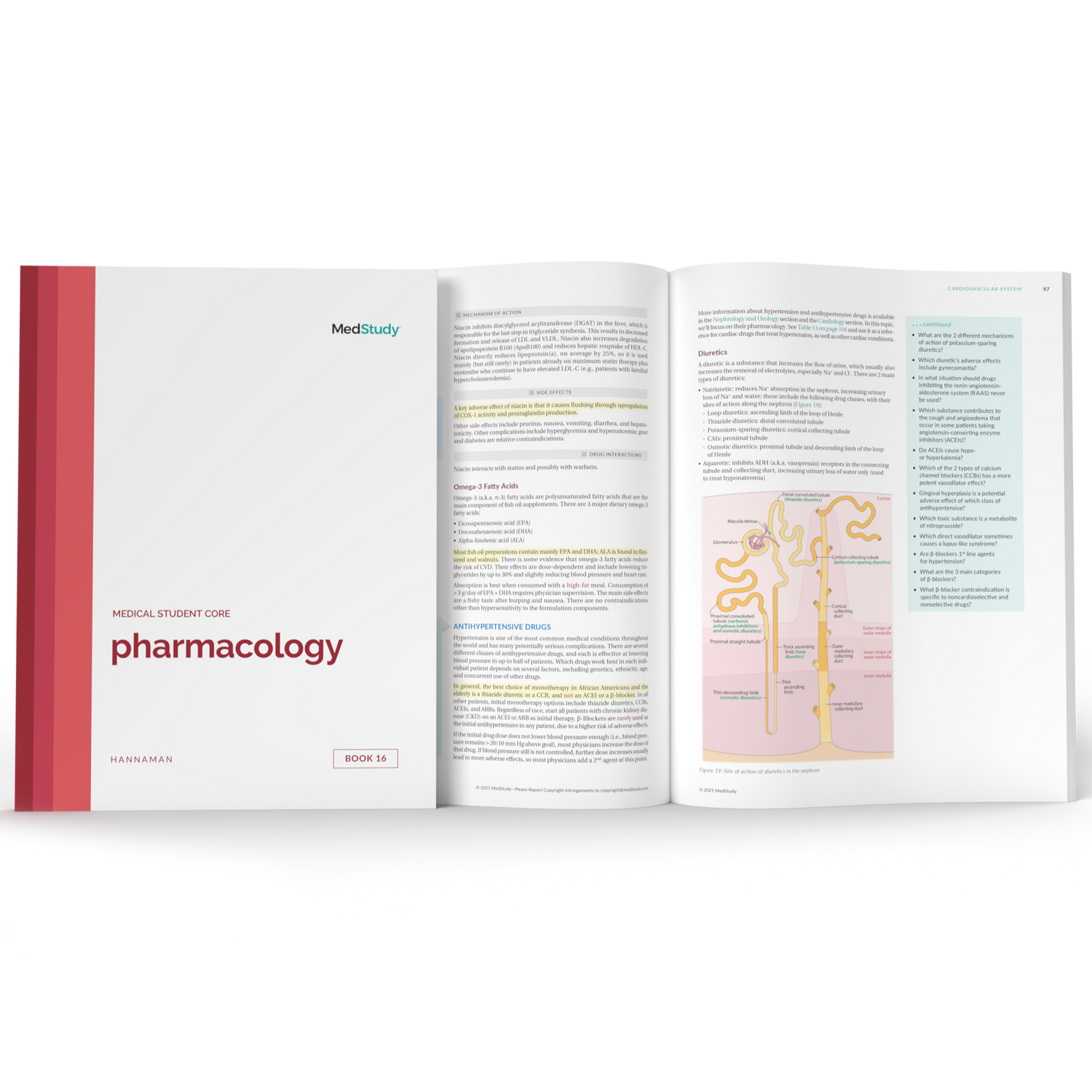 Open book view of the Pharmacology book with an additional closed book on top.