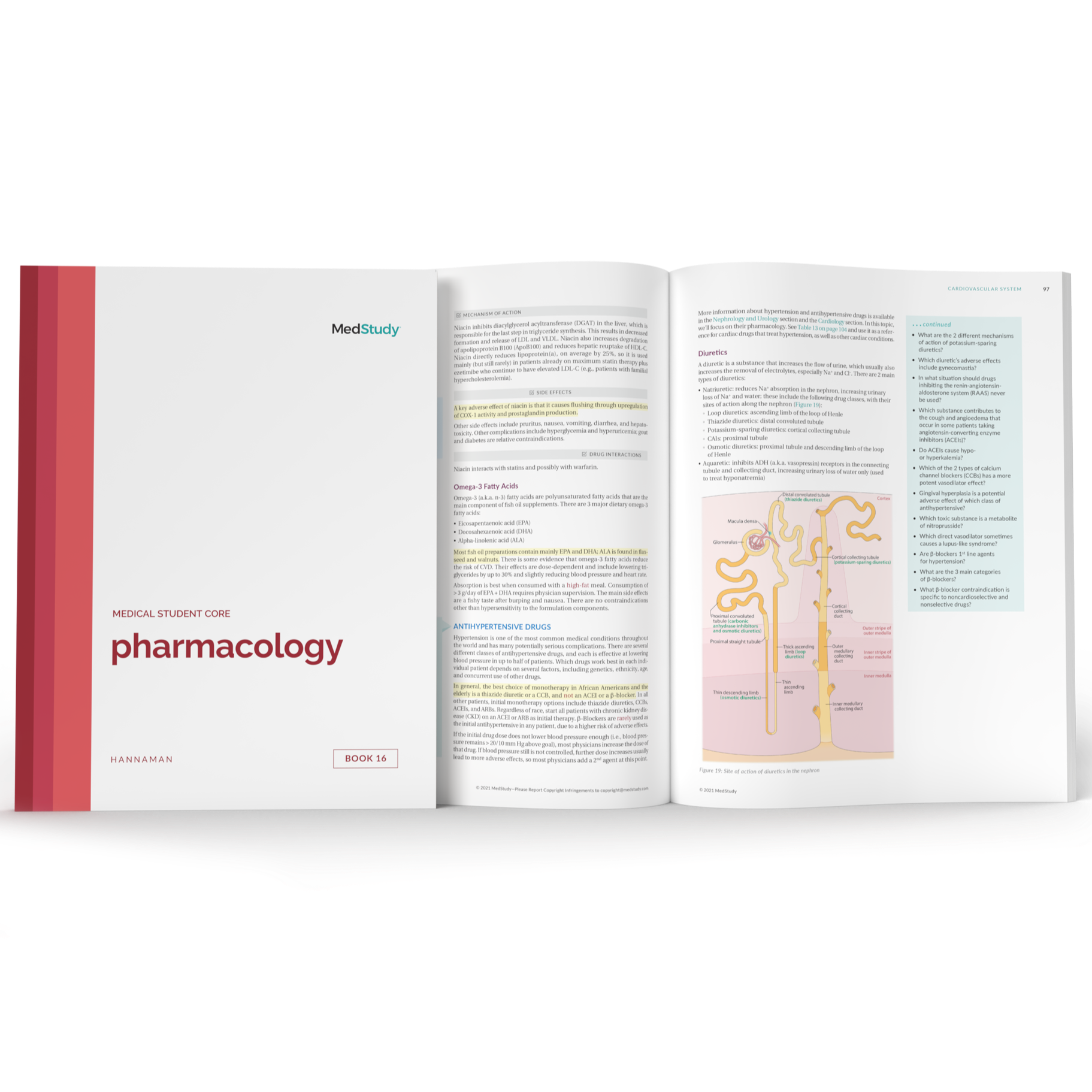 Open book view of the Pharmacology book with an additional closed book on top.