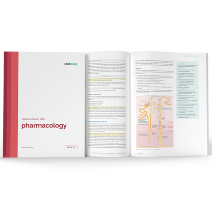 Open book view of the Pharmacology book with an additional closed book on top.